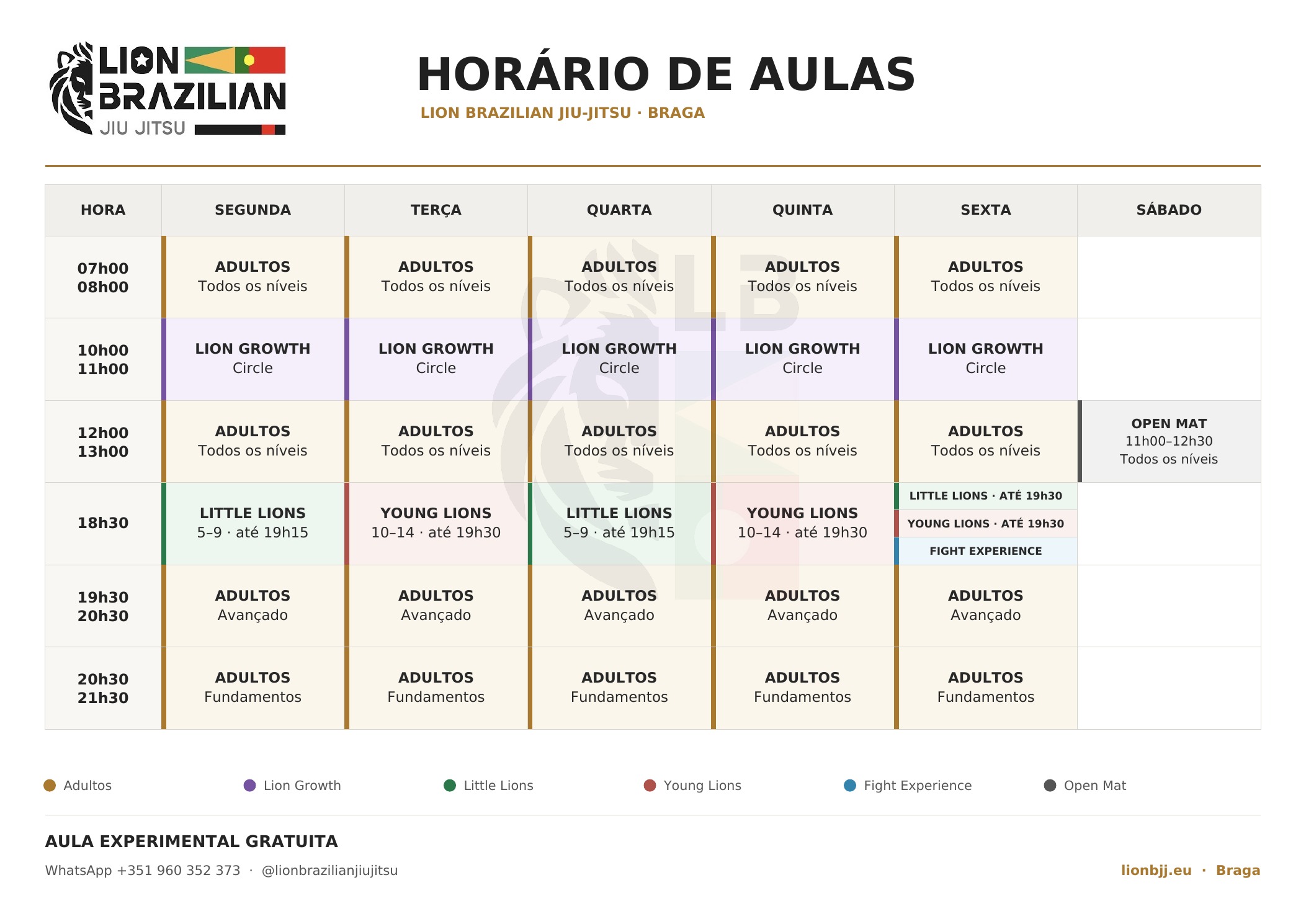 Horário das aulas da Lion Brazilian Jiu-Jitsu Braga